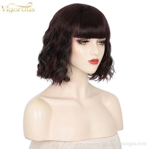 Highlight Color Bob Wavy Curly Wig Synthetic Short Wig with Bangs Natural Looking Heat Resistant Fiber Hair for Women
